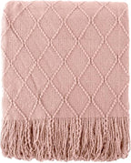 BATTILO HOME Blush Throw Blanket with Tassels, Pink Knit Blanket for Home Decor, Boho Style Textured Knitted Decorative Twin Blanket for Couch, Sofa &Bed, 52"x80"