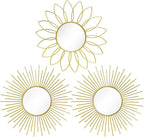 3 Pack Metal Mirrors for Wall Sunburst Wall Mirrors Home Décor Decorative Hanging Wall Art for Living Room Bedroom Entryway (Gold2, Flower+Sunburst)