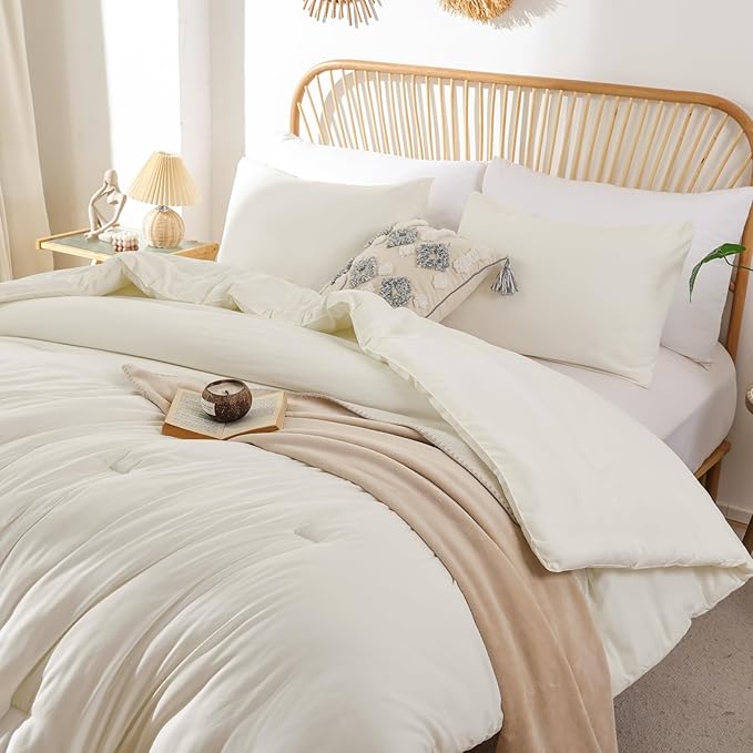 ROSGONIA Oversized King Comforter Ivory, 3pcs(1 Boho Comforter & 2 Pillowcases) Soft Lightweight Oversized King Size Comforter Sets All Season Bedding