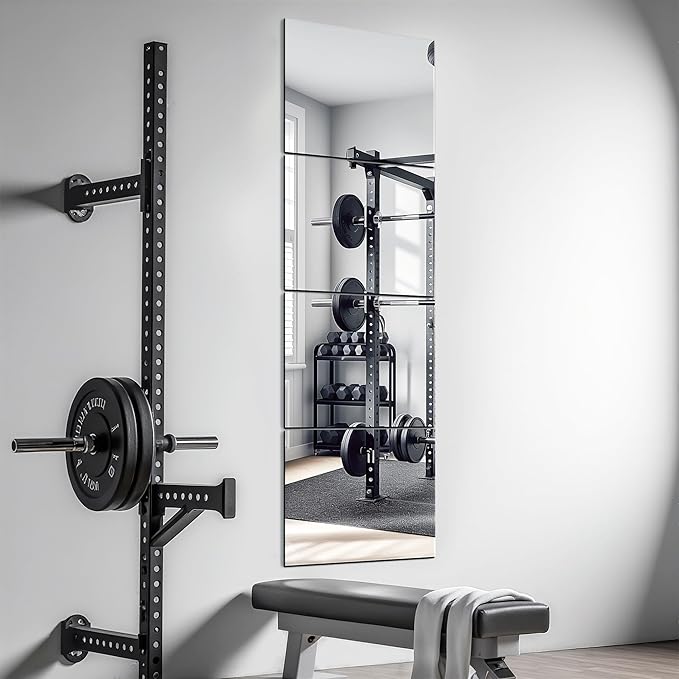 Delma Home Gym Mirrors, 12'' x 12'' Glass Mirror Tiles (4 PCS), Square Large Wall Mirror for Home Gym, Bedroom, Door,Bathroom, Frameless Mirror Sets