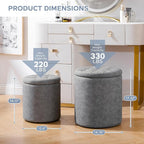 12.6" W x 14.17" H & 14.76" W x 17.32" H Storage Ottoman Foot Stool for Couch, Nesting Round Vanity Stools Padded Ottomen, Leather Set of 2 Footrest for Living Room,Grey