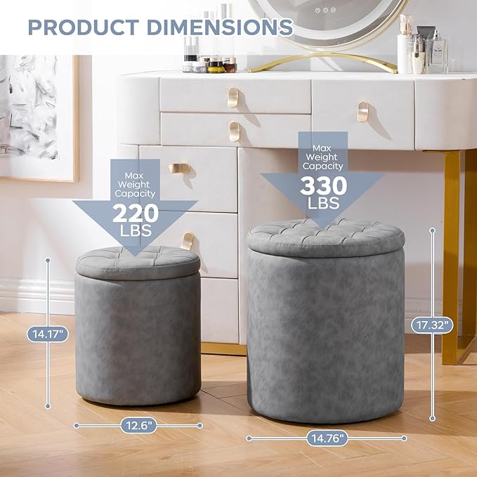 12.6" W x 14.17" H & 14.76" W x 17.32" H Storage Ottoman Foot Stool for Couch, Nesting Round Vanity Stools Padded Ottomen, Leather Set of 2 Footrest for Living Room,Grey