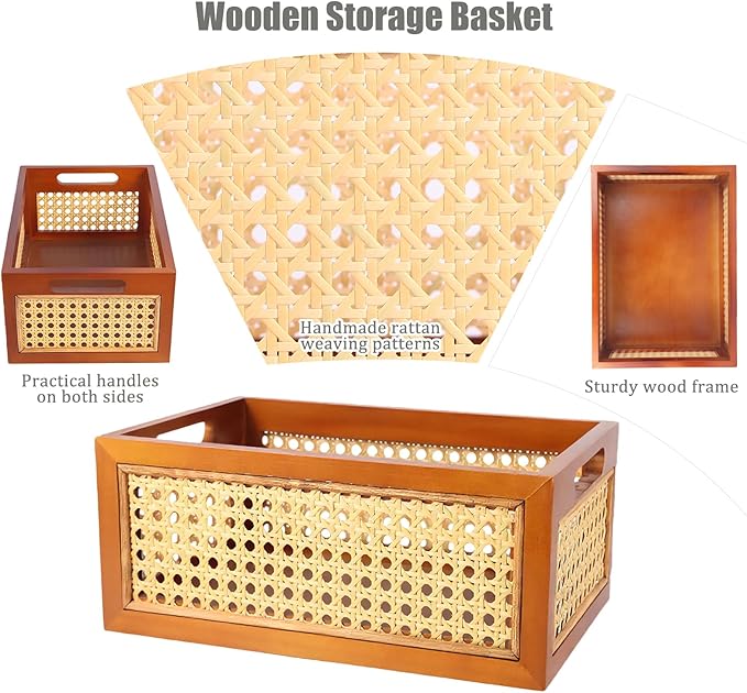 Rattan Storage Baskets Set, Wooden Frame with Woven Cane Design, Nesting Organizer Bins for Living room Bedroom Bathroom Kitchen Shelf, Set of 2