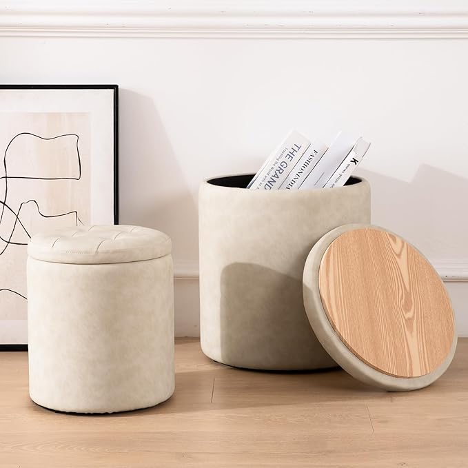 Faux Leather Round Ottoman with Storage 12.6" W x 14.17" H & 14.76" W x 17.32" H Set of 2, Small Boucle Coffee Table Footstool with Removable Lid for Living Room, Bedroom, Beige