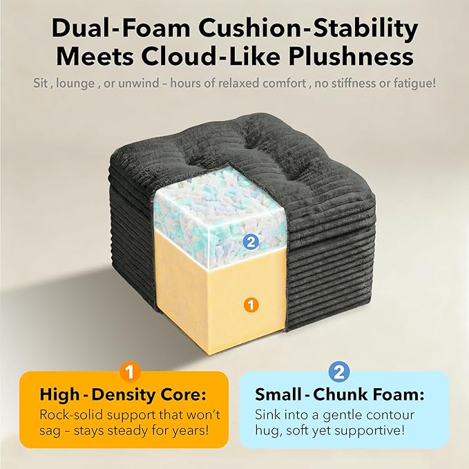 23.6in Pouf Ottoman, Corduroy Ottoman Foot Rest with Dual‑Layer Support, Large Poofy Pouf with Soft Chunk‑Foam Top & Firm Foam Base, Floor Foot Stool for Living Room, Dark Grey