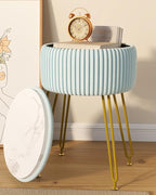 IBUYKE Velvet Storage Footrest Stool Ottoman, Makeup Vanity Stool Side Table with Golden Steel Legs Removable Cover, Coffee Table Top Cover, Blue LG-20H