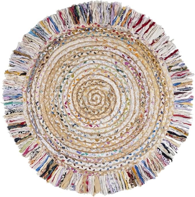 SAFAVIEH Cape Cod Collection Area Rug - 8' Round, Ivory & Light Beige, Handmade Boho Fringe Jute & Cotton, Ideal for High Traffic Areas in Living Room, Bedroom (CAP206B)