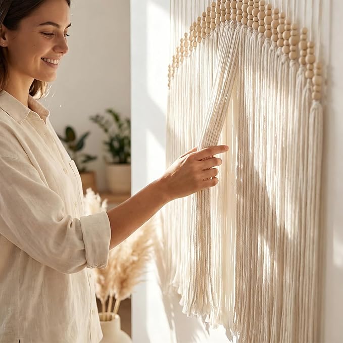 Betylifoy Macrame Wall Hanging Large Boho Wall Decor Beige Macrame Tapestry with Wooden Beads Cotton Rope Bohemian Handmade Woven Wall Art Decor for Bedroom Living Room Apartment Dorm Backdrop