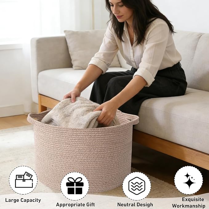 90L Large Blanket Basket,21.7"L x 21.7"W x 13.8"H Rope Woven Baskets with Handles, Toys Storage Bins,Laundry Basket Perfect for Living Room, Nursery,Bedroom,Home Organization,Brown