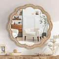 30 Inch Round Wall Mirror, Antique Brown Solid Wood Frame with Wavy Scalloped Edge & Beaded Trim, Vintage Farmhouse Decorative Mirror for Bedroom, Bathroom, Living Room, Entryway