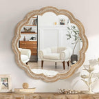 30 Inch Round Wall Mirror, Antique Brown Solid Wood Frame with Wavy Scalloped Edge & Beaded Trim, Vintage Farmhouse Decorative Mirror for Bedroom, Bathroom, Living Room, Entryway