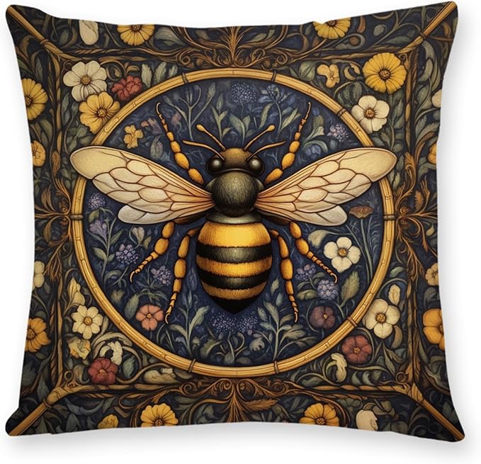 YOU FOUND ME William Morris Abstract Vintage Floral Bee Design Velvet Throw Pillow Covers Home Decor, Retro Art Decor Pillowcase Cushion Cover for Bed Sofa Living Room, Square 18x18inch (Bee)