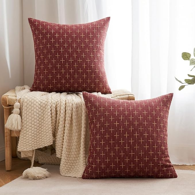 MIULEE Pack of 2 Christmas Decorative Burlap Linen Throw Pillow Covers Modern Farmhouse Pillowcase Rustic Woven Textured Cushion Cover for Sofa Couch Bed 24x24 Inch Wine Red