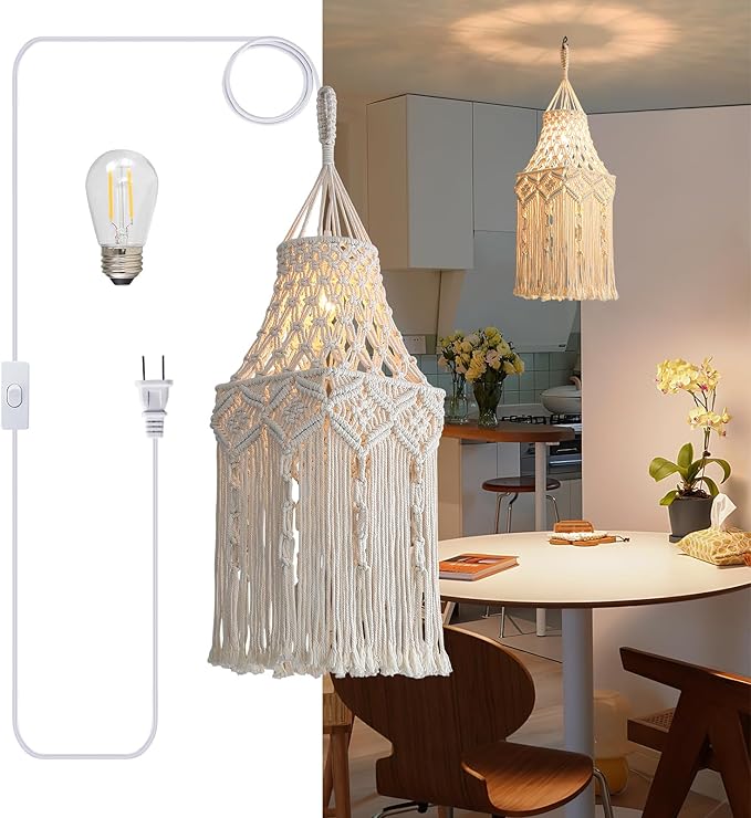 Bioaqua Boho Lamp Shade,Boho Hanging Lamp Handmade Macrame Lamp Shade Plug in Pendant Light,Bohemian Hanging Lights with Plug in Cord Light Fixtures for Boho Bedroom Decor Living Room (Type4)