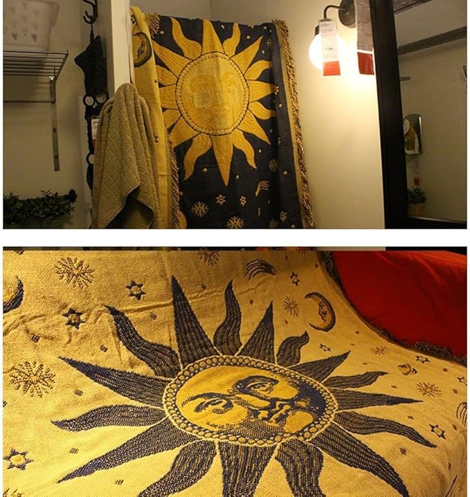 Hippie Throw Blanket Sun Moon Stars Boho Throw Blankets Celestial Tapestry Double-Sided Reversible Woven Cotton Home Decor Bedding Chair Couch Recliner Cover Oversized Tassels Astrology 50"x70"
