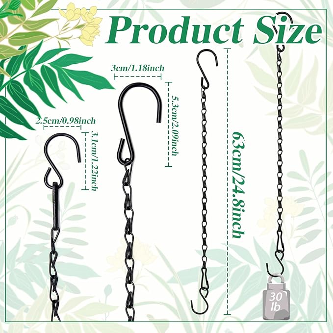 Benvo Hanging Plant Chains Flower Pot Hangers with Clips and Hooks 3 Point Replacement Chain Holders for Baskets Bird Feeders Planters and Other Ornaments (24.8 inch Long)