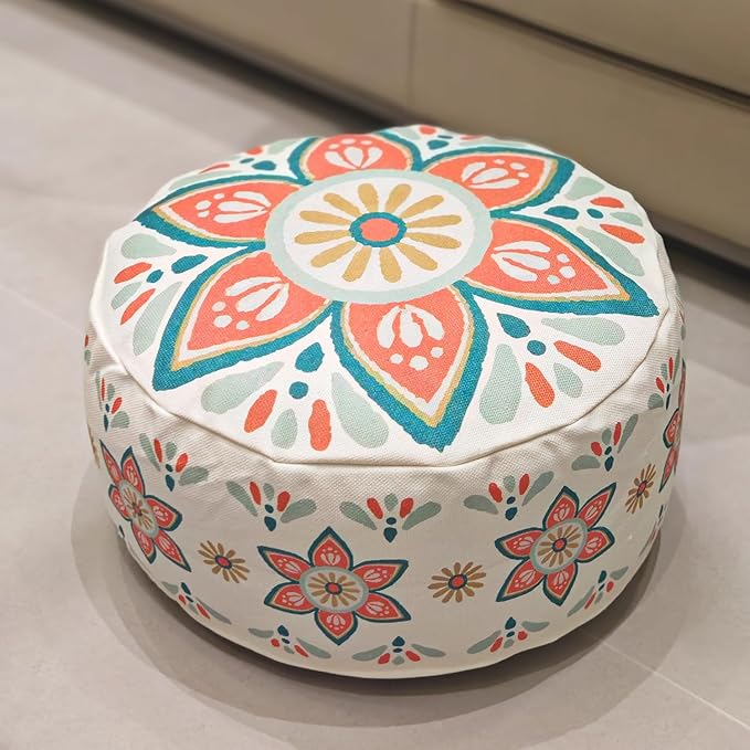 MOCOFO Round Bohemian Ottoman Pouf Cover, 18 Inch, Cotton Blend, Church Window Print, Living Room Storage Footrest, Cover Only (Blue Night)