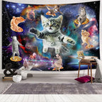 Cats Tapestry, Cool Funny Kittens Starry Sky Nebula Galaxy Milky Way Space Psychedelic Hippie Wall Hanging for Home Decor, 71x60 Inches