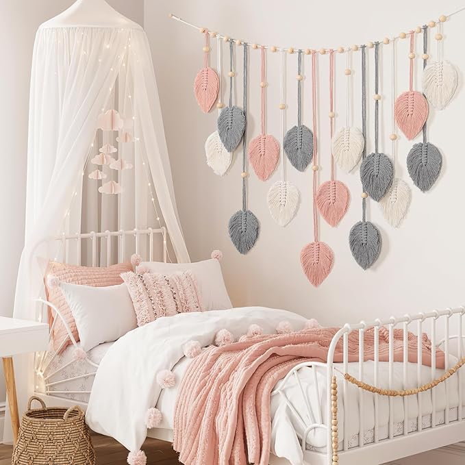 Betylifoy Macrame Wall Hanging Boho Leaves Tapestry Chic Bohemian Feather Wall Art Decor Handmade Yarn Woven Pink Leaf Tapestry Macrame Wall Decor for Bedroom Living Room Nursery Office Backdrop (Pink Gray)