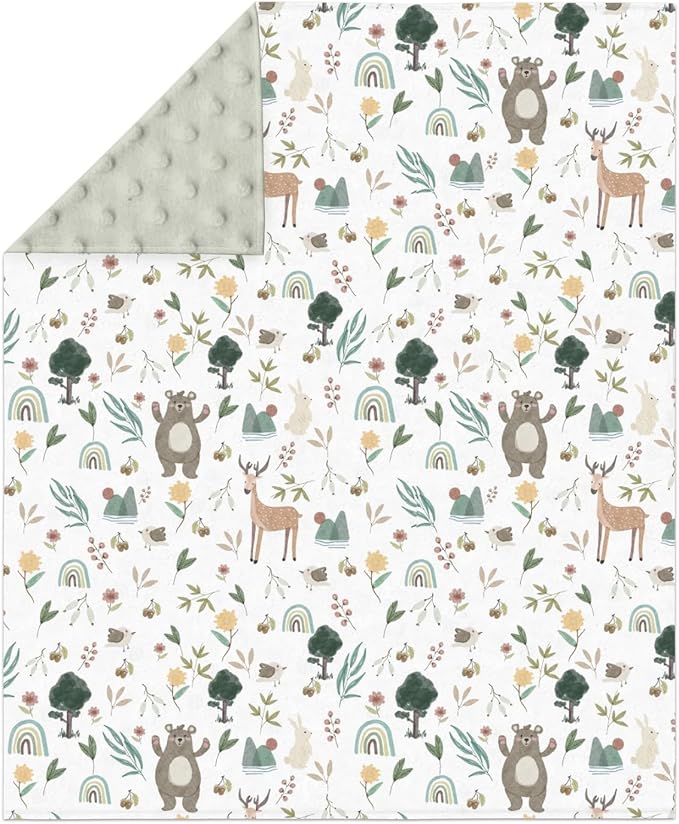 Whimsical Animals Baby Blankets for Girl Boy Cute Animals Spring Soft Mink Dotted Backing Double Layer Swaddle Blanket Bear Deer Bunny Rainbow Greenery Bed Throw for Infant Toddler Nursery 30x40
