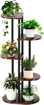 Tiered Plant Stand Indoor, Tall 5 Tier 6 Potted Wooden Plant Shelf for Multiple Flower Plants, Multi Corner Metal Plant Holder Indoor for Patio Garden Patent Design Living Room Balcony Bedroom, Rustic Brown