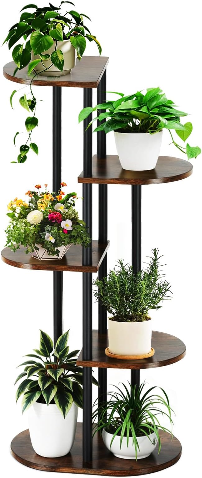 Tiered Plant Stand Indoor, Tall 5 Tier 6 Potted Wooden Plant Shelf for Multiple Flower Plants, Multi Corner Metal Plant Holder Indoor for Patio Garden Patent Design Living Room Balcony Bedroom, Rustic Brown