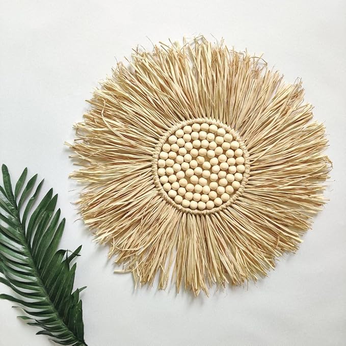 KKTAPOS Boho Round Wall Mirror - 18in Raffia Straw Macrame Mirror Decor for Living Room, Bedroom, Bathroom