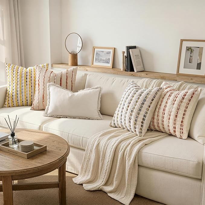 ANRODUO Boho Chenille Textured Tufted Pillow Covers 18x18 Inch Set of 2 Woven Decorative Throw Pillow Covers with Raised Stripes Accent Neutral Pillowcase for Couch Sofa Bed Living Room, Yellow Cream