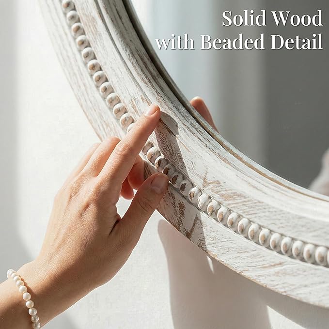 30" White Round Wood Mirror for Bathroom Vanity, Distressed Solid Wood Wall Mirror - French Country Beaded Circle Mirror for Coastal Bedroom & Nursery