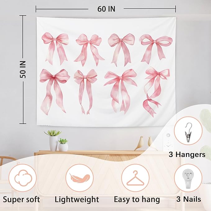 AQYIP Trendy Coquette Pink Bow Tapestry, Preppy Pink Tapestry, Girly Aesthetic Wall Blanket Decor for Girls Room Dorm Apartment Bedroom, 50x60 Inch