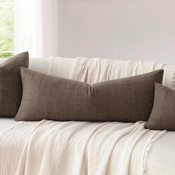 Foindtower Set of 2 Decorative Linen Check Throw Pillow Covers Neutral Farmhouse Vintage Cushion Covers Cozy Modern Boho Home Decor for Sofa Chair Couch Bedroom Living Room,14×36 Inch,Dark Brown