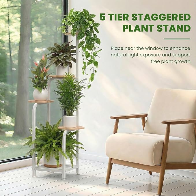 TOSKING 5 Tier Metal Anti-Tip Plant Stand indoor, Wide Base for Pots, Child and Pet Friendly ,Heavy Duty Plant Shelf , Corner Shelf, Flower Pot Stand for Multiple Plants, Indoor Plants Tiered Stand for Living Room Balcony Garden Patio Bedroom (White an...