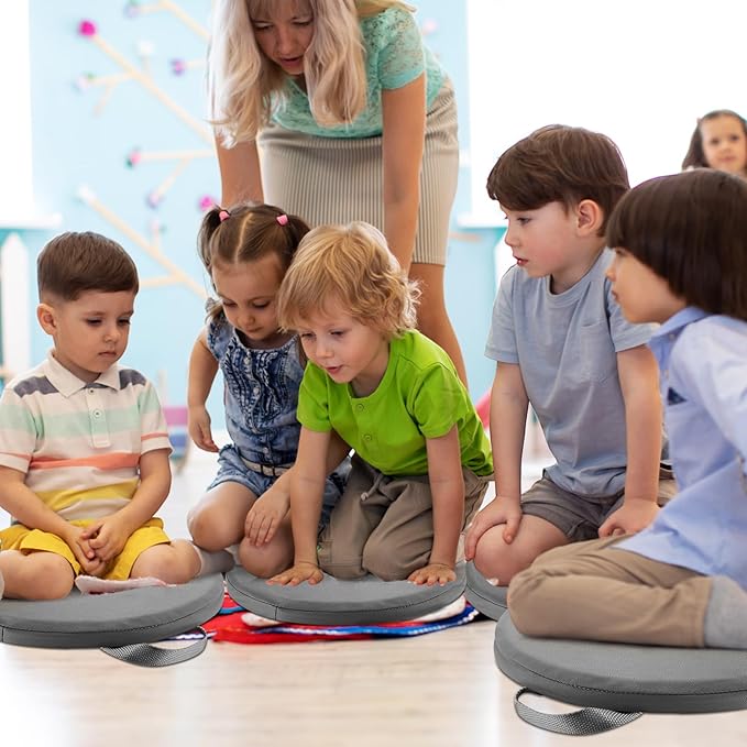 Suzile 12 Pcs 12'' Floor Cushions for Classroom Flexible Floor Seating with Handles Classroom Carpet Cushions for Kids Toddlers Daycare Preschool Furniture(Gray,Round)