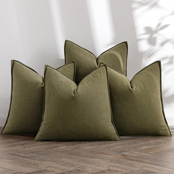 MIULEE Olive Green Linen Pillow Covers Pack of 4 Decorative Natural Solid Throw Pillow Covers Soft Accent Boho Farmhouse Couch Pillowcases Modern Spring Decors for Living Room Bed Sofa 24x24 Inch