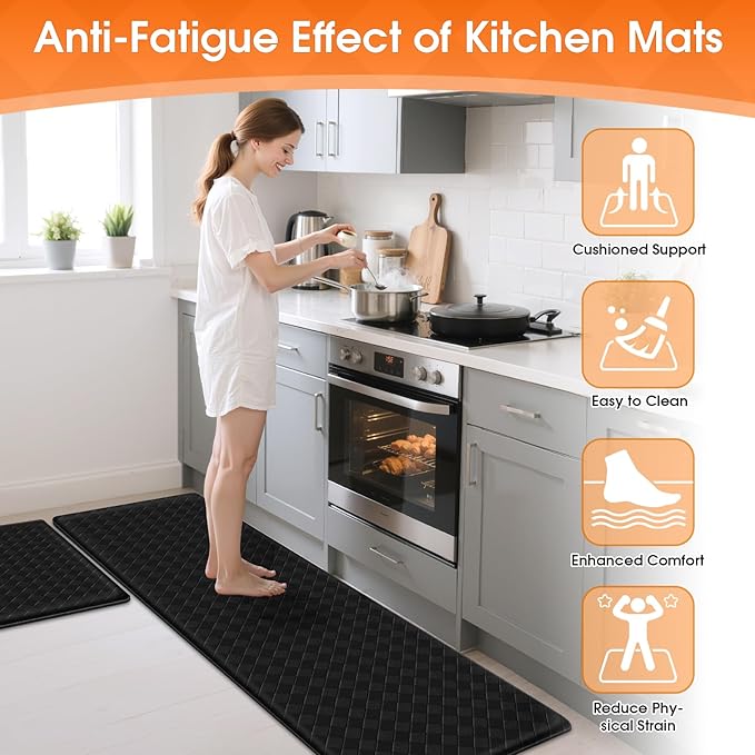 Kitchen Mats, 2PCS Kitchen Rugs, Cushioned Anti Fatigue Kitchen Mats for Floor, Non-Slip Standing Desk Mat, Waterproof Kitchen Rug Set for Kitchen Floor Office,17.3"×30"+17.3"×59" Black