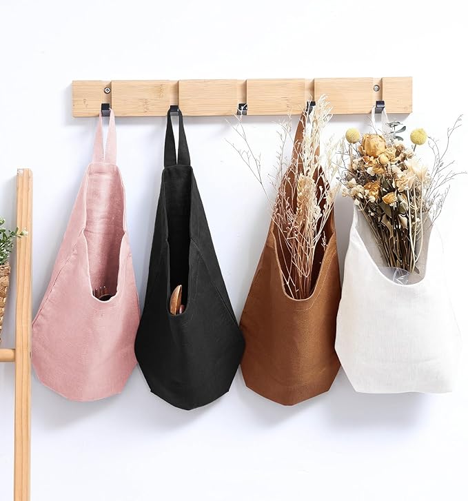 100% Linen Hanging Storage Bags Baskets 2 Pcs, Small Wall Storage Bag for Kitchen, Bedroom, RV Camper Organizer, Sewing Room, Nursery Storage, Kids Room (Pink)