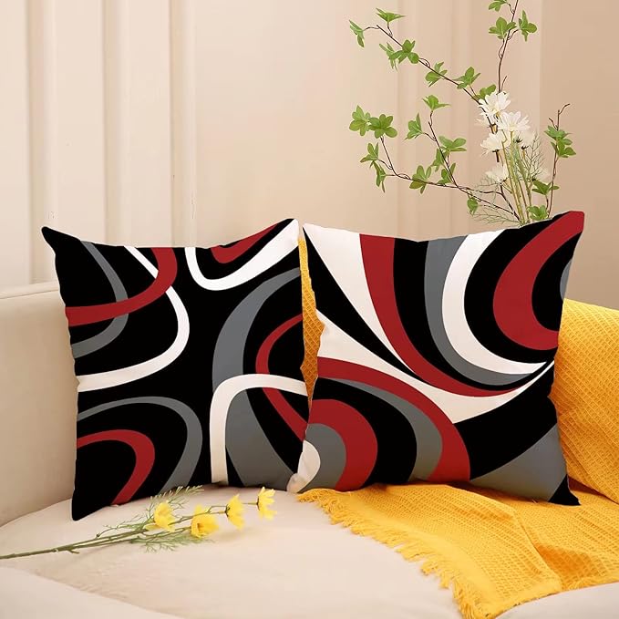 Red and Black Throw Pillow Covers 20x20 Set of 4,Grey Modern Abstract Pillowcases,Gray Geometric Circle Pattern Decor for Sofa Couch Living Room Bedroom Home Outdoor
