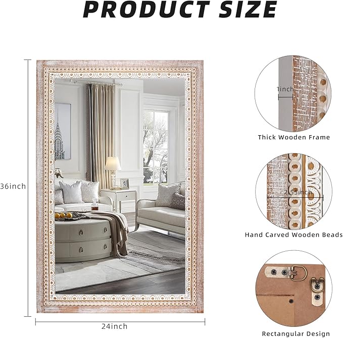 36x24 Inch Wooden Rectangle Bathroom Mirror, Rustic Decorative Wall Mirror for Over Sink, Living Room, Entryway, Boho Farmhouse Mirror with Beaded Frame (Horizontal/Vertical Mounting)