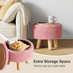 Pink Storage Ottoman Foot Rest, Small Sherpa Ottoman with Storage, Cute Round Foot Stool, Modern Pouf Ottomans Coffee Table, Boucle Teddy Footstools for Couch, Living room, Nursery, Dorm, Enterway
