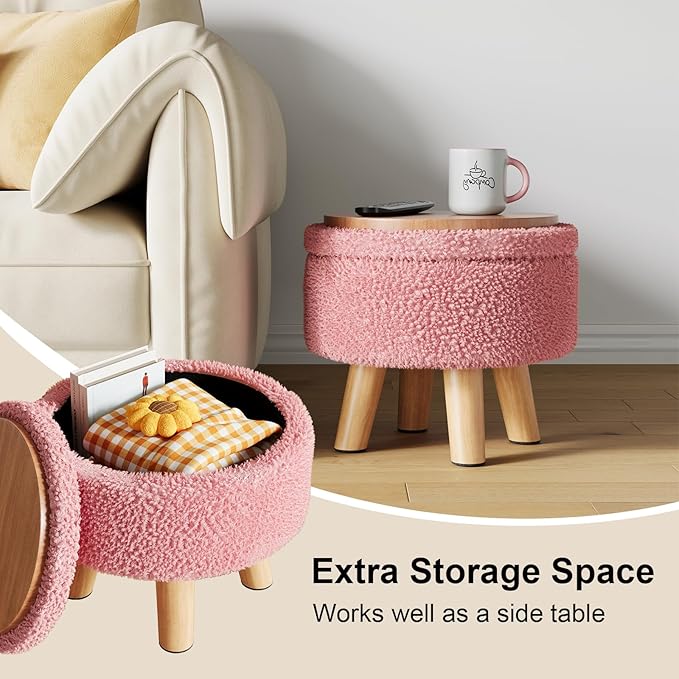 Pink Storage Ottoman Foot Rest, Small Sherpa Ottoman with Storage, Cute Round Foot Stool, Modern Pouf Ottomans Coffee Table, Boucle Teddy Footstools for Couch, Living room, Nursery, Dorm, Enterway