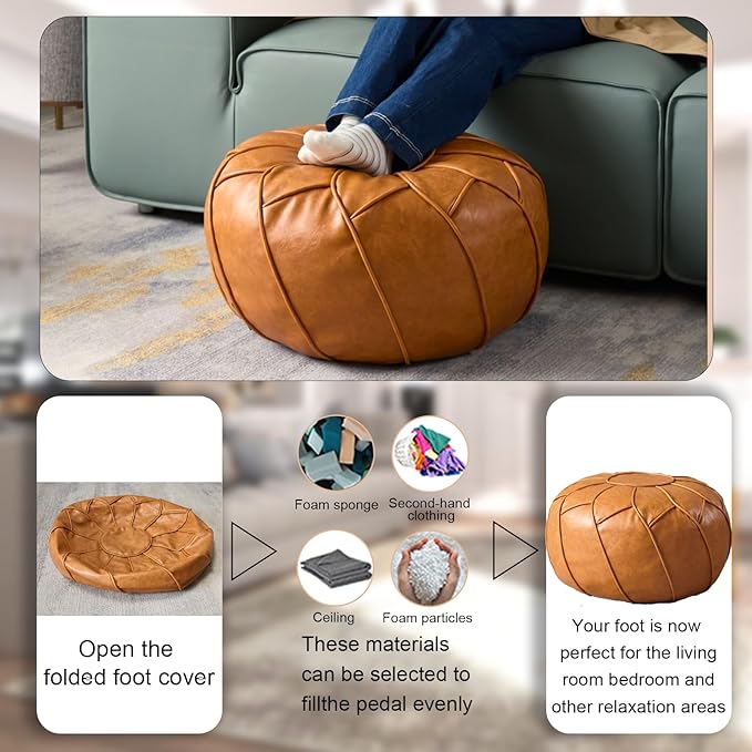 Louis Donné Unstuffed Moroccan Ottoman Pouf Cover, Handmade Faux Leather Pouf Cover with Storage, Boho Chic HomeDecor BeanBag Chair Footstool Rest for Living Seating Floor Cushion ONLYCover(Orange)