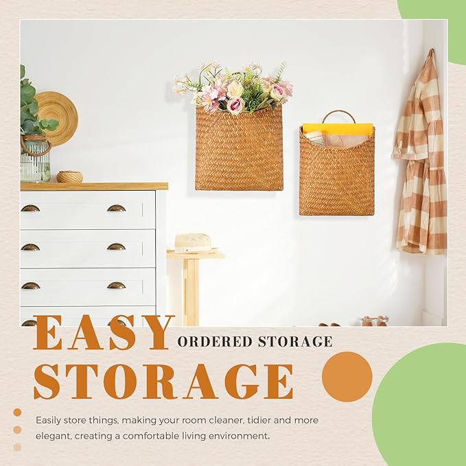 Boao 2 Pack Hanging Basket for Front Door Seagrass Wall Basket Hand Woven Different Sizes to Hold Flowers and Mail Wall Mounted Racks Storage Organize for Home Garden Farmhouse (Natural Color)