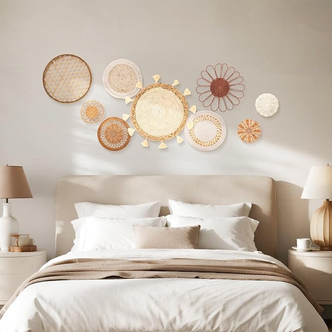 Teiyamsy 9 Pcs Boho Wall Basket Decor Handmade Woven Wicker Basket Wall Decor Round Farmhouse Hanging Wall Art for Rustic Home Living Room Kitchen Bedroom(Serene)