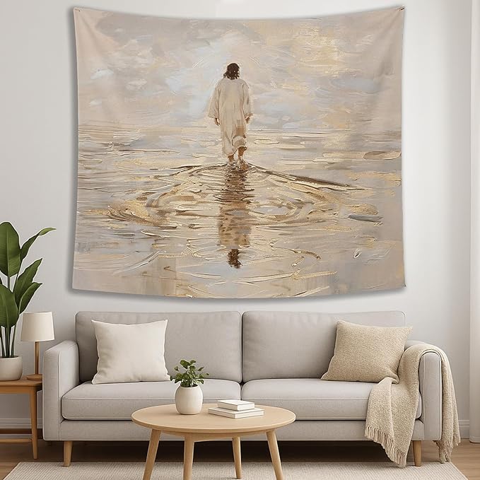 bitCNY Jesus Walking on Water Golden Glow Tapestry – Christian Wall Hanging with Divine Light, Faith-Inspired Religious Home Decor, 50x60 Inch