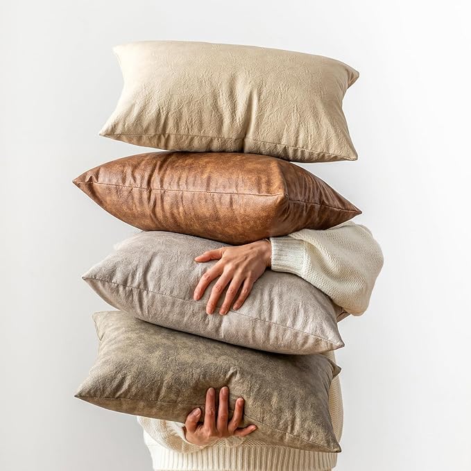 Pack of 2 Leather Lumbar Pillow Cover, Vintage Decorative Soft Farmhouse Cushion Cover, for Home Decor Outdoor Waterproof Pet Hair Resistant Abrasion Throw Pillow Covers 12x20 Inch Olive Green