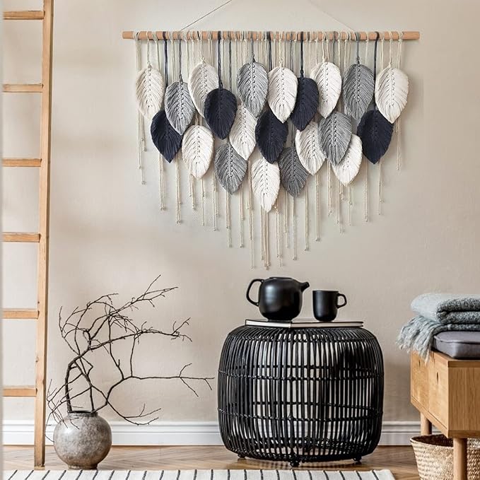 Weldomcor Macrame Wall Hanging Leaf Woven Tapestry Bohemian Chic Wall Hanging Feather Large Handmade Wall Art Decor for Bedroom Living Room Apartment Ornament, 39 inch