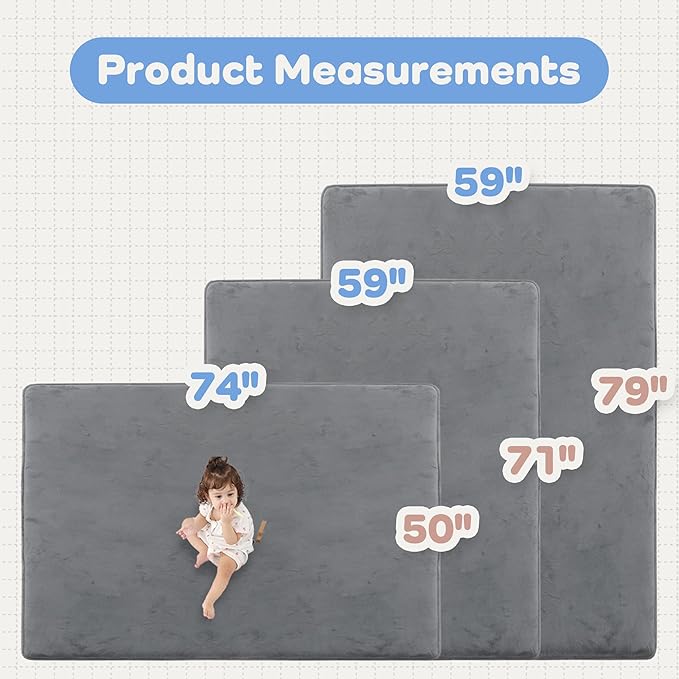 1.3" Thick Baby Floor Play Mat 50x74, Basic Padded Foam Mat for Tummy Time Crawling, Non Slip Cushioned for Babies Toddlers Infants Kids (Dark Grey)