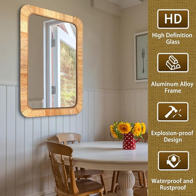 Rattan Rectangular Mirror 24x36, Boho Decorative Wall Mirror for Bathroom, Farmhouse Vanity Mirror for Nursery, Bedroom, Living Room Decor, Nursery & Children's Room