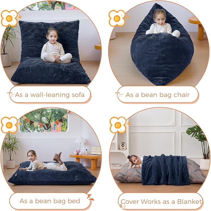 MAXYOYO 3 in 1 Kids Bean Bag Chair Bed, Child Floor Sofa for Gaming, Reading, Faux Fur Floor Mattress with High-Density Foam Filling for Living Room Bedroom