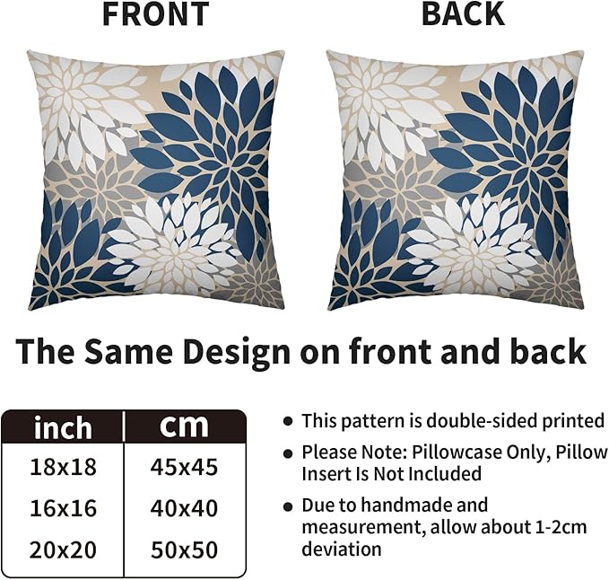 Blue White Grey Gray Pillow Covers 16X16 Inch Set of 2, Summer Modern Geometry Dahlia Floral Print Decorative Throw Pillow Covers Outdoor Farmhouse Cushion Case for Home Couch Sofa Bed Decor